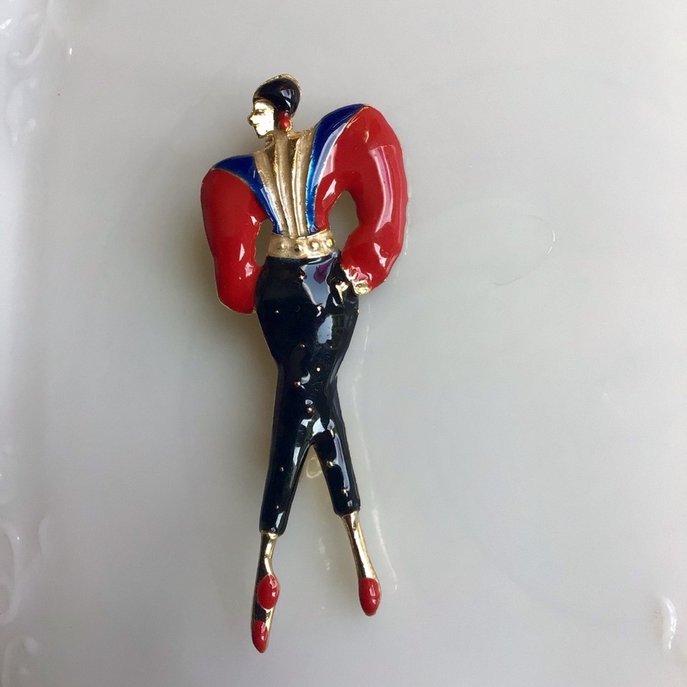 Vintage Red and Blue Elegant Figure Brooch - Picture 1 of 4